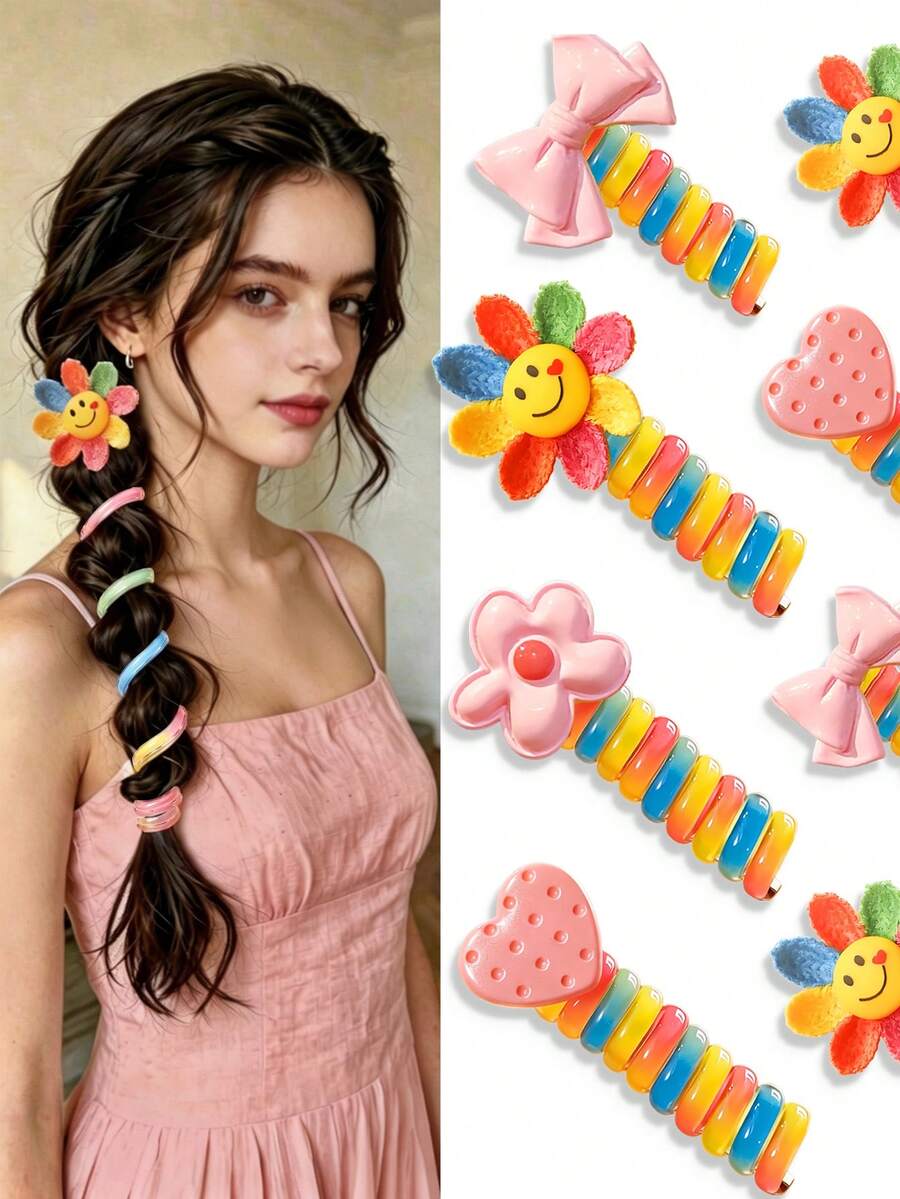 4/1pc Cartoon Heart Flower Spiral Hair Tie, High Elasticity No Damage To Hair, Vintage Sweet Hair Accessory - Suitable For Women And Girls, Daily Commute, Date, School - Multicolor - View 1