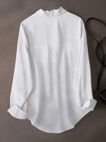 Women's Solid White Shirt, Collared Long Sleeve Button Front Pocket Blouse For Business, Office, Commute, Home, Holiday, Spring Fall Winter - White - View 3