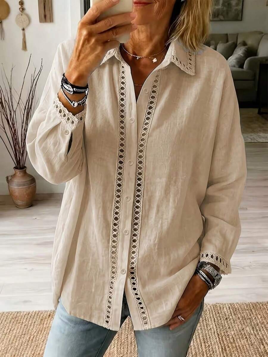 Plus Size Hollow Out Lace Trim Collared Long Sleeve Blouse, Women's Front Button Hollow Out Lace Detail Top, Casual Loose Fit Shirt - Apricot - View 1
