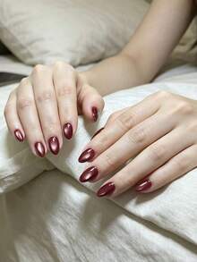 30pcs Short Cherry Red Cat Eye Simple Solid Color Elegant Almond Nails + 1pc Jelly Glue + 1pc Nail File - Multicolor - View 2