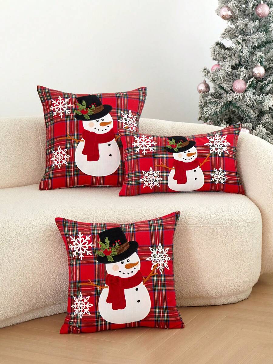 LCUHPCL Christmas Snowman Patchwork Pillow Cover, Red Plaid Xmas Decor Cushion Case 1pc, Holiday Home Sofa Throw Pillowcase For Christmas Party Decor