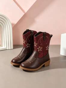 1 Pair Girls' Shiny Star Glitter Pointed Toe Western Boots With Chunky Heel, Sweet Style, Suitable For Autumn/Winter Outdoor Daily Wear - Burgundy - View 2