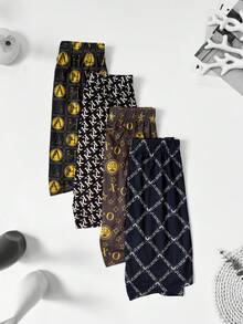 4件組男士Alro睡褲 黑金奢華系列高級印花睡褲 舒適彈性大尺碼平口褲 高端透氣薄款彈性腰帶 - 彩色 - 查看 9