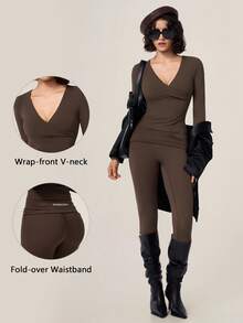 TimeOff Women's One Set Solid Color Cross V-Neck Long Sleeve V-Fold High Waist Mid-Length Pants Set - Brown - View 1