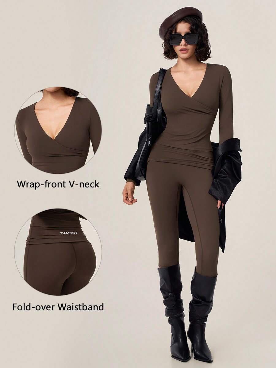 TimeOff Women's One Set Solid Color Cross V-Neck Long Sleeve V-Fold High Waist Mid-Length Pants Set - Brown - View 1