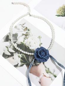 1pc Women's Denim Camellia Pearl Collar Accessory, Vintage Long Ribbon Shirt Bow Tie, Niche Accessory - Pearl Denim Flower Chain - View 7