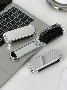 Shiny Electroplated Silver Foldable Comb With Small Mirror, Compact Portable Hair Brush For Travel & On-The-Go, Pocket-Sized Hair Styling Tool - Upgraded Version - View 10