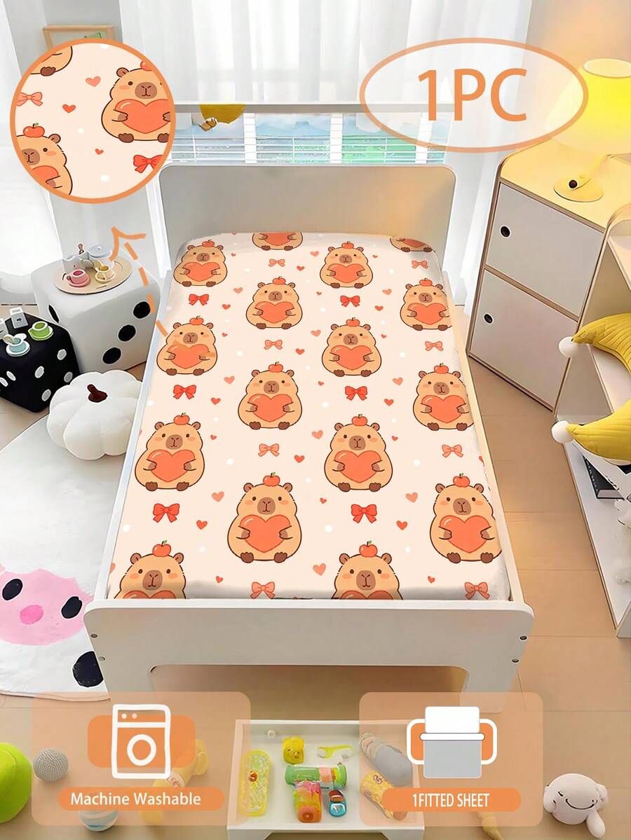 1PC Sweet Cartoon Capybara Fitted Sheet Crib Fitted Sheet For Baby Nursery Bed Sheet Height 15cm(No Filler) 100% Polyester - Multicolor - View 1