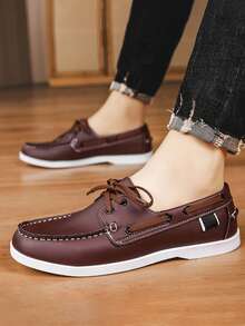 GAISIMA Men's Contrast Stitching Boat Shoes, Vintage Casual Lace-Up Loafers, Daily Business Commute Spring Autumn Slip-On Moccasins - Brown - View 5
