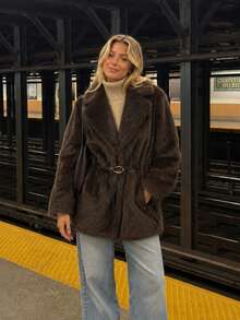 Lapel Tie Faux Fur Mid-Length Coat - Brown - View 3