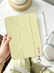 1pc Transparent Acrylic Y-Fold Milk Yellow Tablet Case With Custom Text/Personalized Text, Compatible With IPad Mini6/7/Air/Air2/9.7/10.2/10.5/10.9 (Air4-Air8)/Pro 11/10th Gen/A16 Model, Fully Transparent Acrylic Back Shell, Silk Texture 8-Fold Cover, Adjustable Stand, Auto Sleep/Wake, Built-In Pencil Slot, Pencil Not Included, Some Models With Camera Frame - Cream Yellow - View 1