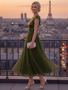 EVERPRETTY Elegant Sequin Mother Of The Bride Midi Dress Straight Sleeve A-Line Olive Green Tulle Wedding Guest Dress For Formal Wedding Garden Semi Formal - Olive Green - View 3