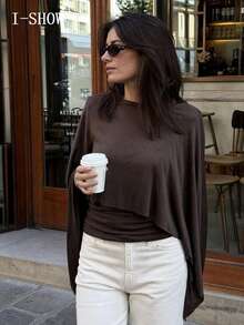 1pc Solid Color Cape-Style Patchwork Long Sleeve Top For Women, Niche Design, Daily Commute, Date, Afternoon Tea, Drapey, Flattering, Slimming Base Layer T-Shirt - Coffee Brown - View 7