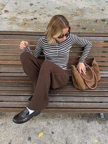 MORI Fall Winter Women Sweaters Casual Y2K Basic Brown Striped Cardigan Round Neck Cropped Button Up Knit Tops Daily Lounge Outfits - Brown and Grey - View 3