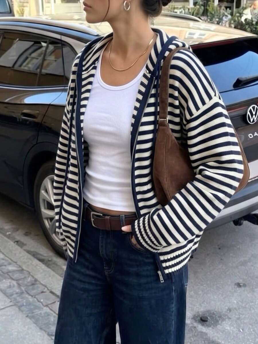 海军蓝白条纹连帽针织开衫,女士休闲宽松拉链毛衣外套,慵懒百搭上衣,春秋季 - 彩色 - 查看 1