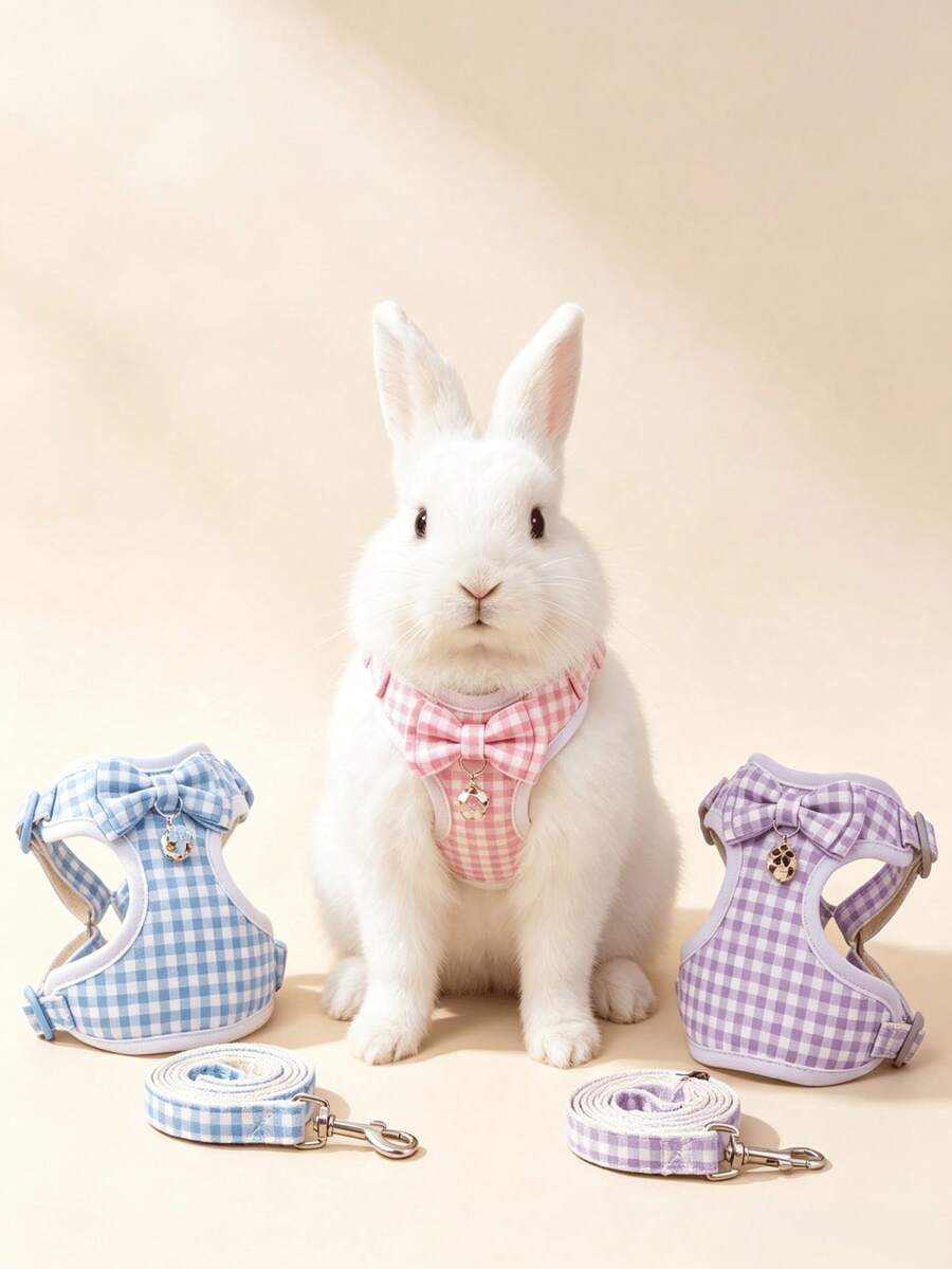 1pc Small Pet Leash & Harness Set, Fresh Mesh Plaid Bow Evening Dress Style Vest Harness For Rabbit, Guinea Pig, Small Pets, Adjustable Rabbit Harness, Cute Rabbit Harness, Small Animal Collar And Leash, Harness With Leash, Adjustable Leash, Suitable For Rabbit, Ferret, Lizard, Guinea Pig, Hamster And Other Small Animals, Rabbit Pet Supplies, Rabbit Supplies, Hamster Supplies, Rabbit Leash, Rabbit Harness, Lop Ear Rabbit Supplies