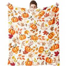 1pc Autumn Watercolor Pumpkin & Maple Leaf Digital Print Flannel Blanket - Modern Style, Soft & Comfortable Polyester Knit Fabric For All Seasons, Multi-Purpose For Sofa, Bed, Travel, Camping, Chair, Gift Blanket - Multicolor - View 9