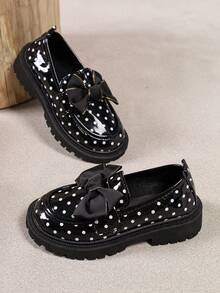 1 Pair Kids Polka Dot Bow Thick Sole Slip-On Shoes, Fashionable Retro Loafers, Suitable For Daily Wear And Party Occasions - Black - View 4