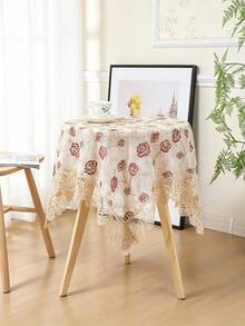 HXARTMIS 1pc French Vintage Rose Embroidered Lace Tablecloth, Hollow Lace Trim Square Dining Table Cover, Suitable For Dining Table, Coffee Table, Home Decor - Red - View 2