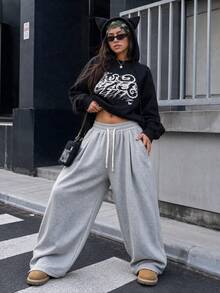 Women's Light Gray Wide Leg Sweatpants, Oversized Loose Drawstring Elastic Waistband Pocket Pants, Autumn Back To School Streetwear Style Sports - Light Grey - View 10