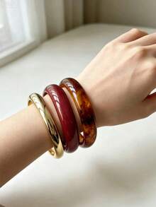 LADYCOCO 3pcs/Set Vintage Thick Acrylic Resin Bangles With Gold Ring Bracelet For Women, Party & Daily Wear, Size In Inches And Cm, Reference Comparison Image, Material & Features, Detail Photos, Fit Guide & Wearable Scenes - Multicolor Q - View 4