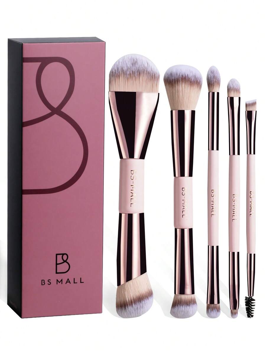 BS-MALL 5PCS Double-Sided Makeup Brush Set Wholesale Eyeshadow Powder Foundation Contour Vegan Make Up Brushes - Pink - View 1