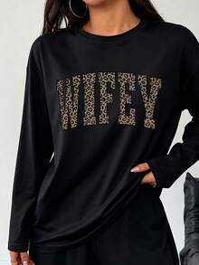 Women's WIFEY Leopard Print Letter Long Sleeve T-Shirt, Autumn/Winter Daily Home Base Layer, Loose And Comfortable Fit, Casual Wear, Suitable For Sleeping And Going Out - Black - View 3