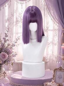 alicegarden 14-Inch Long Synthetic Short Bob Wig Featuring A Natural Straight Style A Stunning Purple. Designed With Bangs , This False Hairpiece Is Perfect For Ms Daily Party Cosplay Use, Offering A Natural And Natural Durable Wig Gift For Ladies., Halloween - Purple - View 3