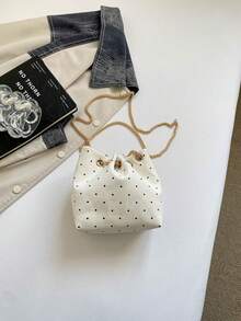 Mini New Fashion Straw Woven Gold Chain Drawstring Bucket Bag Beach Bag - White - View 5
