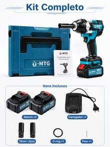 Chave de Impacto MTG 88V Sem Fio Brushless, Ferramenta Elétrica de Alto Torque 1/2", com 2 Baterias, Caixa de Transporte, Carregador e Acessórios para Parafusos e Manutenção Automotiva - Azul - Visão 3