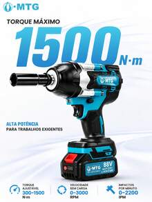 Chave de Impacto MTG 88V Sem Fio Brushless, Ferramenta Elétrica de Alto Torque 1/2", com 2 Baterias, Caixa de Transporte, Carregador e Acessórios para Parafusos e Manutenção Automotiva - Azul - Visão 2