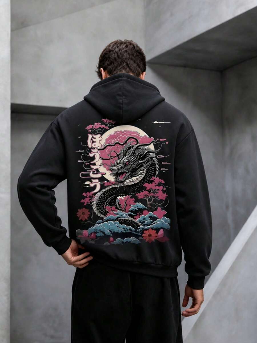 Krometka 男士秋冬黑色龙纹樱花印花连帽衫，独特日式风格