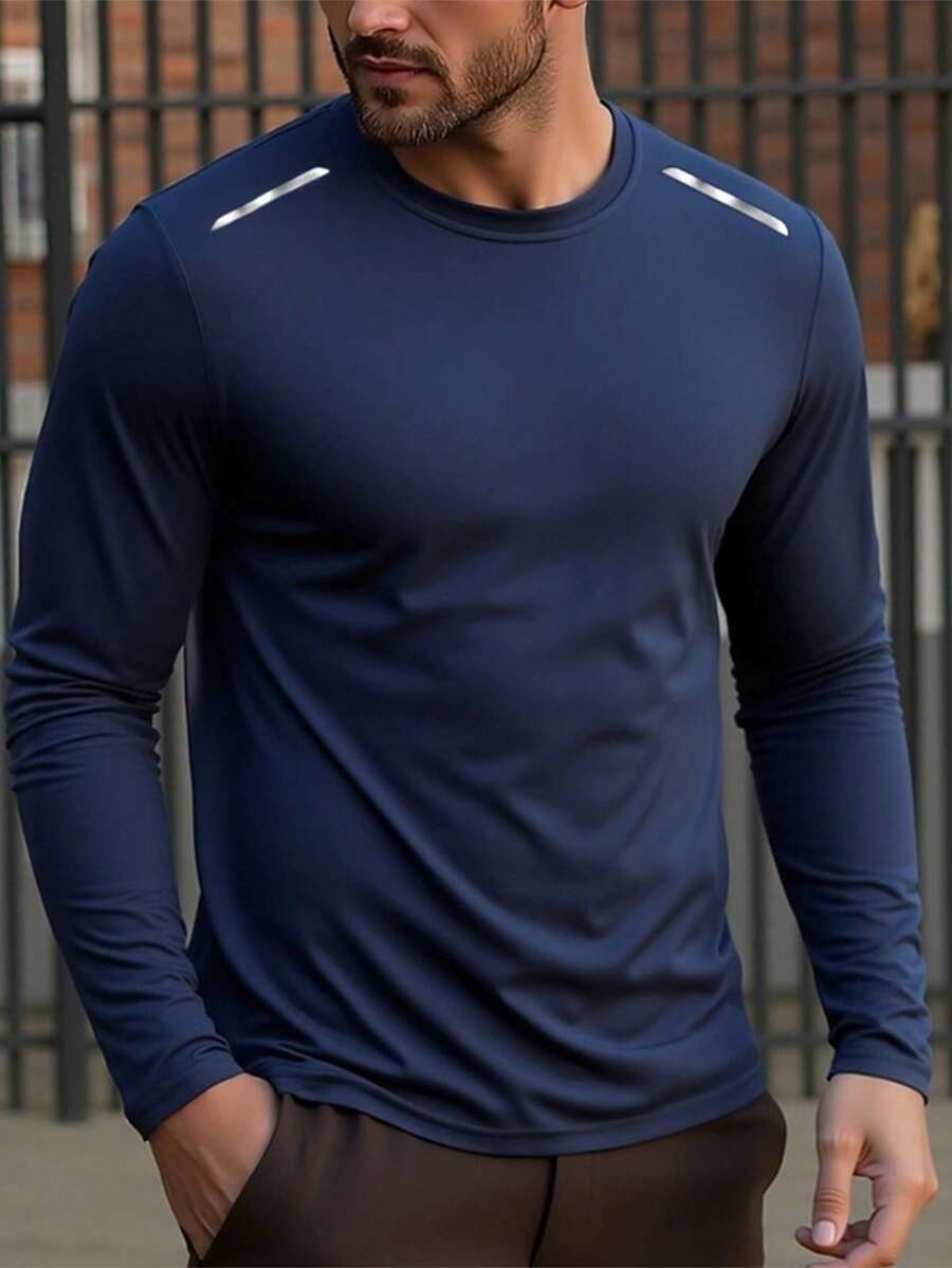 Camiseta de manga larga de compresión delgada para hombres, capa base deportiva transpirable que absorbe la humedad - Azul - Ver 1
