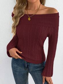 Autumn/Winter Elegant Open Shoulder Cable Knit Flare Sleeve Solid Color Women's Sweater Daily Knit Top - Burgundy - View 3