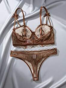 1 Set Of 2 Pieces Dark Brown Floral Embroidered Lace Lingerie Set With Bow Decoration Shoulder Strap - Coffee Brown - View 3