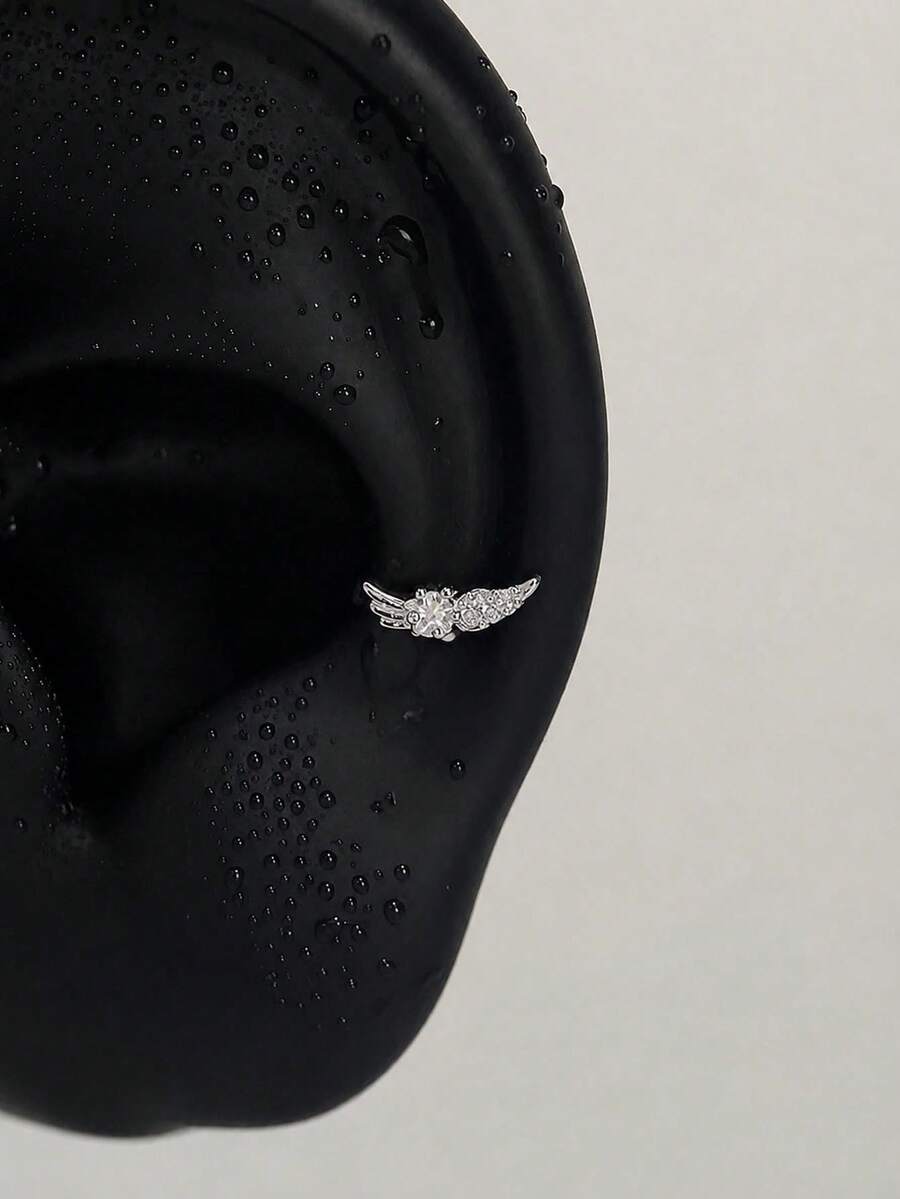 閃亮鋯石翅膀耳骨耳釘,極簡銀色迷你天使之翼螺絲背穿刺耳飾,Y2K迷你耳環,適合女性日常佩戴 - 銀色 - 查看 1
