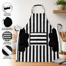 1pc Black & White Striped Erasable Apron With Pockets, Waterproof & Oil-Proof, For Home Kitchen, Baking, Catering - Black - View 7
