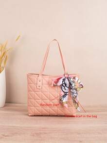 1pc Quilted Diamond Embroidered Large Capacity Lightweight Versatile Commuter Tote Bag With Scarf Decoration - Pink - View 1