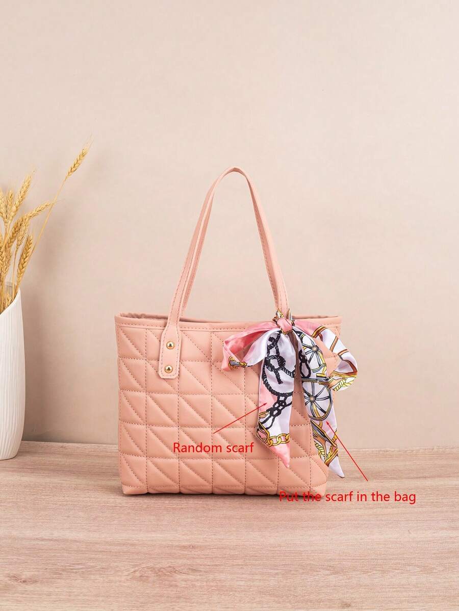 1pc Quilted Diamond Embroidered Large Capacity Lightweight Versatile Commuter Tote Bag With Scarf Decoration - Pink - View 1