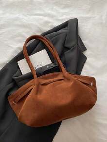 1pc Retro Women's Handbag, Casual, Stylish, Large Capacity, Versatile Underarm Shoulder Bag, New Commuter/Work Tote Bag, Solid Color, Buckle Closure, - Brown - View 9