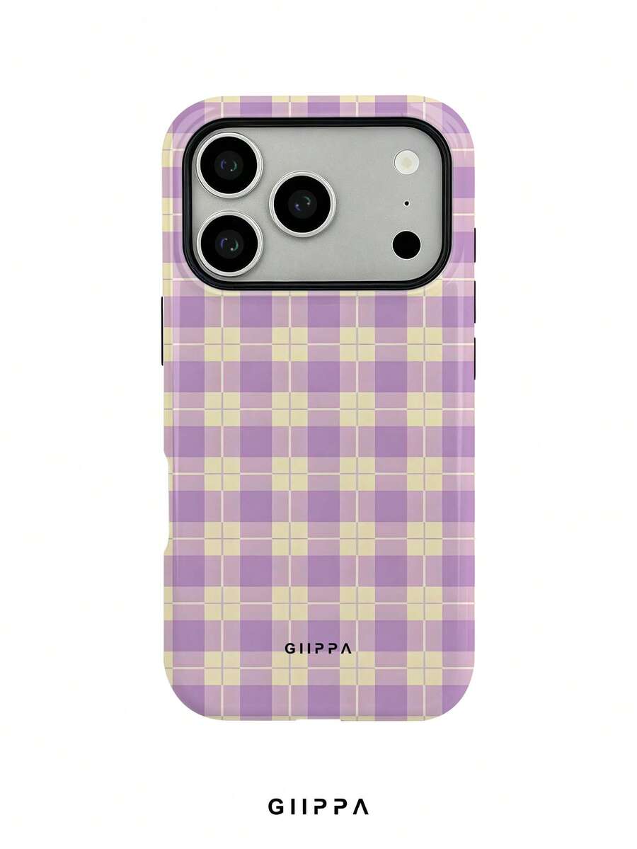 GIIPPA 1pc Cream Yellow Base With Light Purple Plaid Pattern Design, Phone 17 Pro Max Phone Case, Compatible With Phone 16 Pro Max, 15 Pro Max, 14 Pro Max, Korean-Style High-End Fashionable And Fun Phone Case, Compatible With 11/12/13/14/15/16 Pro Max Plus, Elegant Design Suitable For Men And Women, Perfect Gift For Girlfriend On Christmas, Valentine's Day, Easter, Wedding Season And Birthday! - Mauve Purple - View 1