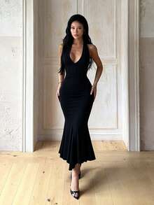 1pc Solid Color Elegant Knit Fabric Sleeveless Dress Beach Summer - Black - View 3