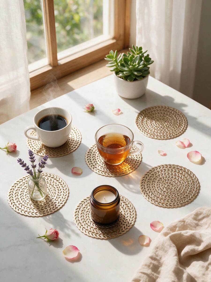 12pcs, Gold Hollow Beverage Coasters, Washable Table Accessories, Non-Slip Table Mats, Breathable And Heat Dissipating, Lightweight And Easy To Store, Suitable For Restaurants, Cafes, Homestays, Compatible With Afternoon Tea, Festivals, Parties, Gatherings, Birthdays, Weddings, Dinner Parties. - Multicolor - View 1