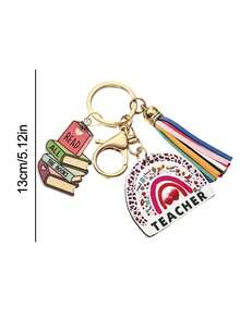 1pc Teacher Theme Keychain, Rainbow Leopard Print Wooden Pendant With Book Charm And Colorful Tassel, Portable Key Ring Accessory, Suitable For Car Keys And Bag Decoration, Ideal Thank You Gift For Educators On Teacher's Day, Back To School And Holidays - Multicolor - View 10
