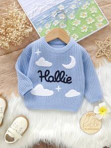 Infant Knitted Embroidered Crew Neck Pullover Sweater, Unisex Baby Comfortable Soft Versatile Outdoor Wear Knit Cardigan Long Sleeve Top - Blue - View 3