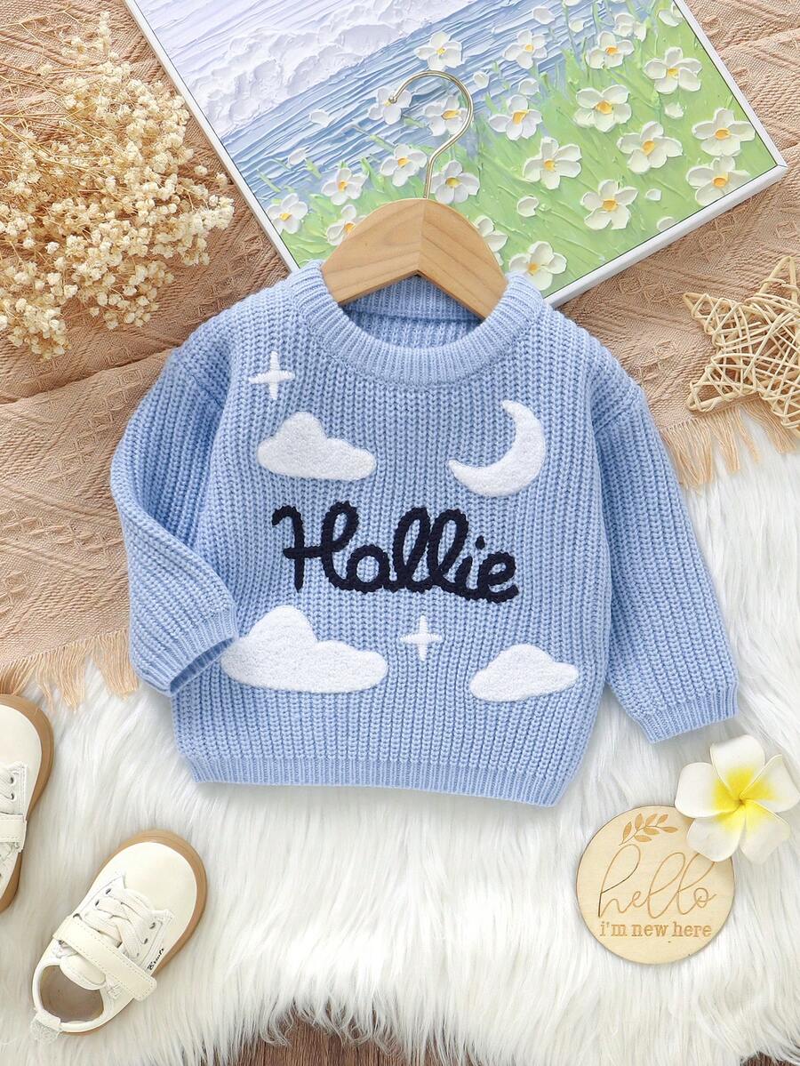 Infant Knitted Embroidered Crew Neck Pullover Sweater, Unisex Baby Comfortable Soft Versatile Outdoor Wear Knit Cardigan Long Sleeve Top - Blue - View 1