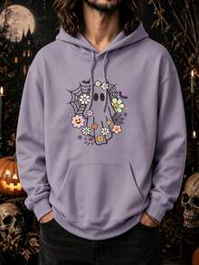 Men's Cute Floral Ghost Face Mesh Hoodie, Halloween Ghost Face Floral Print Pullover, Casual Kangaroo Pocket Hooded Sweatshirt - Purple - Purple Yam - View 1