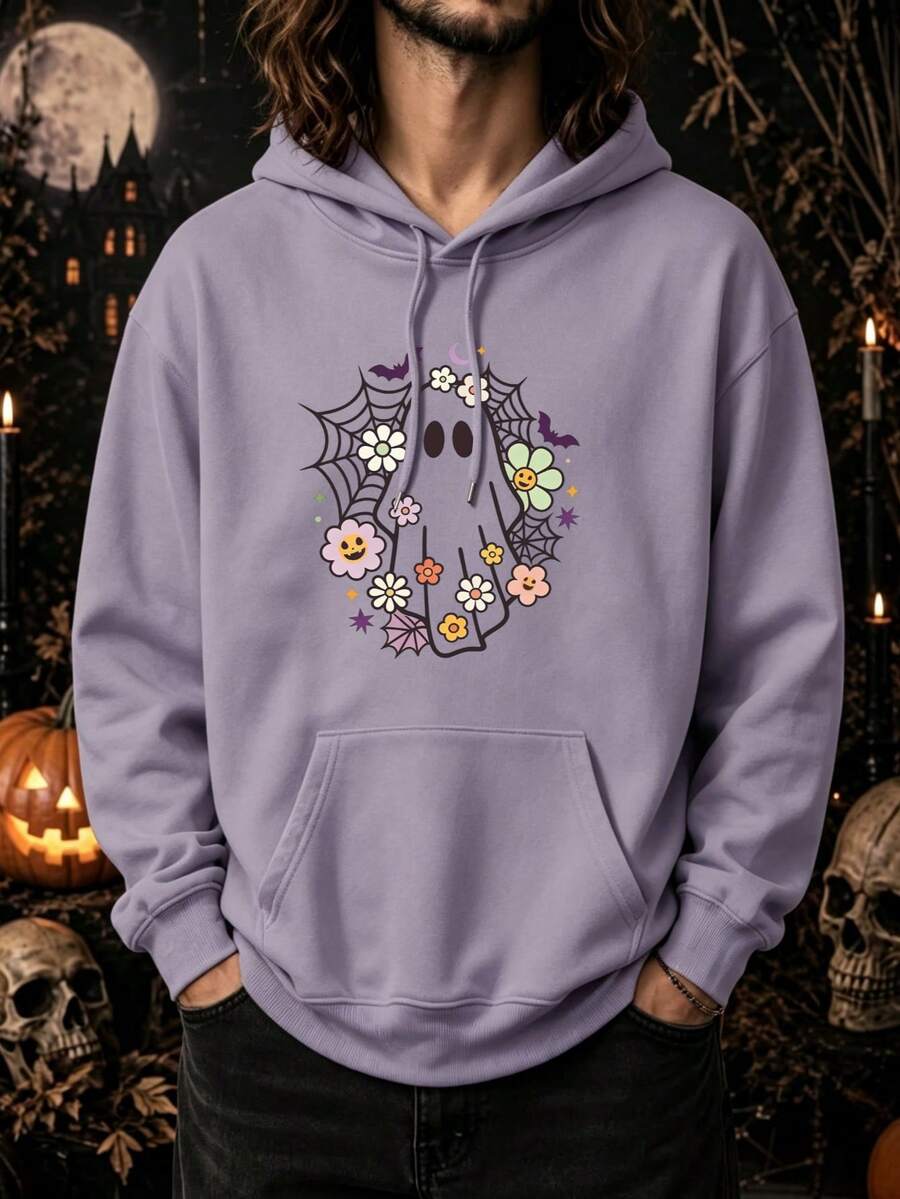 Men's Cute Floral Ghost Face Mesh Hoodie, Halloween Ghost Face Floral Print Pullover, Casual Kangaroo Pocket Hooded Sweatshirt - Purple - Purple Yam - View 1