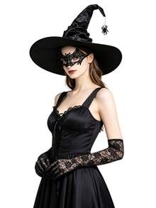 Set 1/3 buah Topi Penyihir Halloween, Sarung Tangan Renda, Topeng Mata Kelelawar, Cocok untuk Cosplay, Pesta Kostum, dan Pesta. - Hitam - View 2