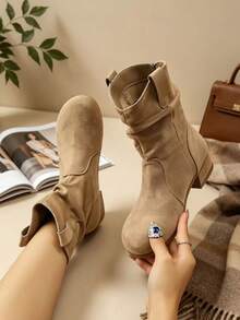 Vintage Maillard Ruched Mid-Calf Boots For Women, Autumn/Winter Fashion Commute, Shopping, Travel, Casual Versatile Flat Ankle Boots, Brown Boots, Black Boots - Camel - View 1